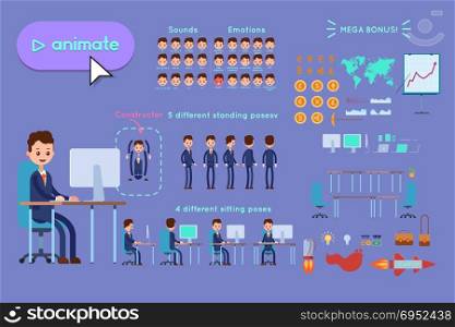 Character constructor for animating. Businessman in blue suit sitting at desk by computer on violet background. Animation of speech, emotions, turns, standing, sitting. Objects for animation