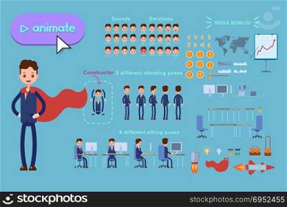 Character constructor for animating. Businessman in blue suit wearing a superhero cloak on blue background. Animation of speech, emotions, turns, standing, sitting. Objects for animation