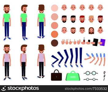 Character constructor male, person and set of faces skin color, bags and watch, collection character constructor vector illustration isolated on white. Character Constructor Male Vector Illustration