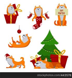 Character design in cartoon style. Yellow dog in action poses. Symbol of 2018 year. Cartoon character animal dog to holiday new year illustration. Character design in cartoon style. Yellow dog in action poses. Symbol of 2018 year