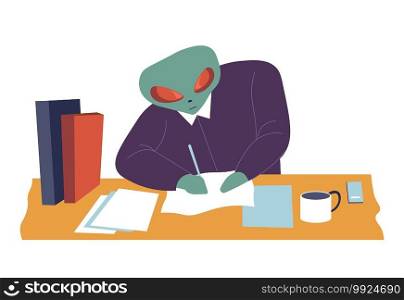 Character from outer space, representative from aliens civilization writing papers in office. Office businessman filling forms at workplace. Table with cup of coffee and files, vector in flat. Alien boss writting paper at work, extraterrestrial character