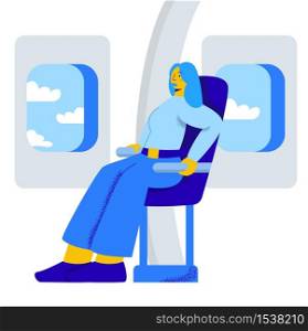 Character girl afraid to fly in an airplane. Feeling the fear of flying in the sky. The girl is fastened in an airplane.. Character girl afraid to fly in an airplane.