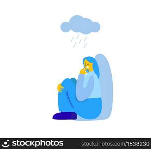Character girl experiences loneliness over a cloud with rain. Miserable lonely young woman sitting on floor.. Character girl experiences loneliness over a cloud with rain.