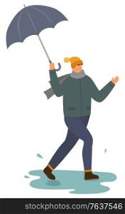 Character happy of raining weather vector, isolated man with umbrella dancing under rain. Person walking with parasol, stepping into puddle. Rainfall in autumn, male wearing warm clothes flat style. Happy Character with Umbrella Dancing Under Rain