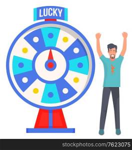 Character happy to win money in casino vector, isolated male with roulette and reward. Machine with dots and colored slots, sectors bringing money reward. Flat cartoon. Lucky Person Man and Gambling Fortune Wheel Vector