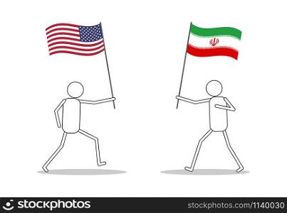 Character icons holding flag between USA and Iran face to face because conflict and war - Vector illustration