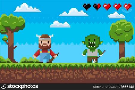 Character in pixel game vector, viking defeating troll, hearts as symbol of life, 8 bit design, retro style of gaming process, landscape scenery pixelated. Game Pixel Characters Fighting, Arcade in 8 Bit