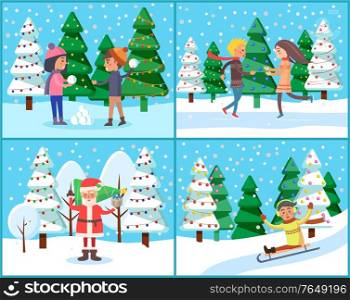 Character in winter landscape, set of people in parks with trees covered with snow. Santa Claus and kids playing snowball fight. Child downhill on sledges, xmas celebration and activities vector. People in Winter Park, Landscape with Snowfall
