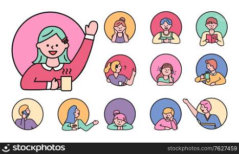 Character kids in window, isolated circles set line pupils female and male personages. Personage reading books, bookworm student listening music in headphones. People face in action round color icons. Girls and Boys, Children in Circles , Characters