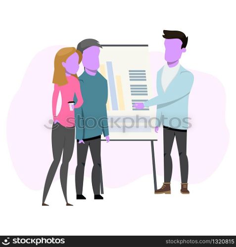 Character Making Presentation to Couple Freelancer. Man Standing Pointing on Flip Board with Diagram, Graph. Freelance Woman Holding Cup of Tea or Coffee. Flat Cartoon Vector Illustration. Character Making Presentation to Couple Freelancer