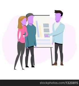 Character Making Presentation to Couple Freelancer. Man Standing Pointing on Flip Board with Diagram, Graph. Freelance Woman Holding Cup of Tea or Coffee. Flat Cartoon Vector Illustration. Character Making Presentation to Couple Freelancer