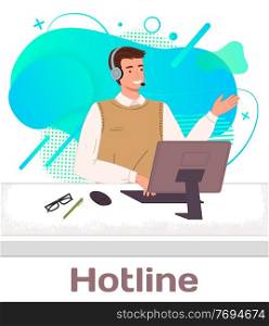 Character male call center hotline. Online support worker, telephone service operator. Dispatcher, workplace of customer support manager at computer desk. Remote service specialist with headphone. Character male call center hotline. Online customer support worker, telephone service operator