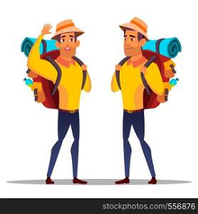 Character Man Hiker With Large Backpack Vector. Tourist Hiker Journey On Mountain With Equipment Vacation. Healthy Summer Climbing Adventure Walking Activity Flat Cartoon Illustration. Character Man Hiker With Large Backpack Vector