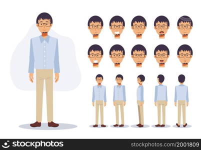 Character of a man wear casual clothing with glasses in various views,Flat vector 2D Cartoon character illustration.