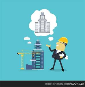 Character of Architect with a New Project. Character of architect with a new project. Successful architect is thinking on the new building projects. Adult male with a sheet of paper projects building on isolated background. Vector illustration