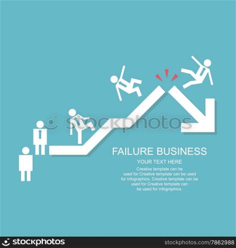 Character of businessman with rising up arrow but falling down on the top. Abstract background on bankruptcy or failure business.