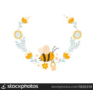 character of cute kids bee honey with flower wreath on the in flat vector scandinavian style. Baby illustation frame of bee for content, greeting card, graphic, etc.. character of cute kids bee honey with flower wreath on the in flat vector scandinavian style. Baby illustation frame of bee for content, greeting card, graphic, etc