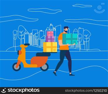 Character of Postman, Courier with Parcel on Motorbike Over Outline City View Landscape on Blue Background. Delivery Man on Scooter. Fast Transportation. Creative Cartoon Flat Vector Illustration,. Character Postman Courier with Parcel on Motorbike