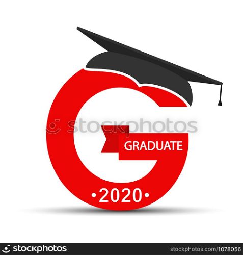 character of the graduate. The letter G with the cap of the graduate, the inscription graduate 2020. Flat design.