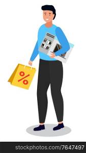 Character on shopping. Isolated female personage holding purchased items in hands. Microwave oven and bag with percent. Clearance and proposition from store and shops. Lady with goods vector. Happy Shopper Holding Bag and Oven in Hands Vector