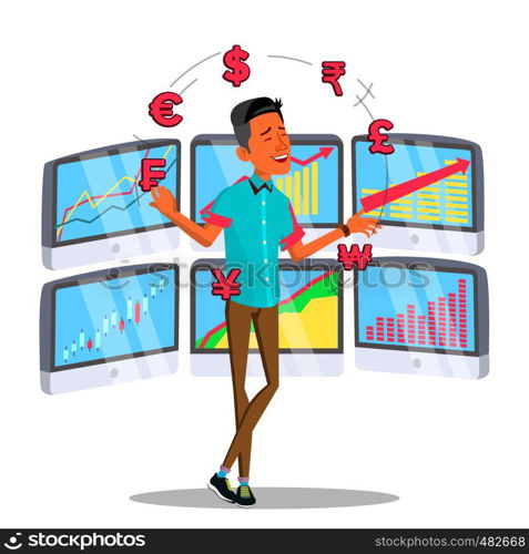 Character Online Trader Juggles Currency Vector. Successful Happy Young Businessman Trader. Stock Exchange Binary Option Network Trading Finance Instrument Market Isolated. Flat Cartoon Illustration. Character Online Trader Juggles Currency Vector