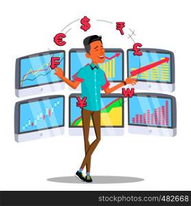 Character Online Trader Juggles Currency Vector. Successful Happy Young Businessman Trader. Stock Exchange Binary Option Network Trading Finance Instrument Market Isolated. Flat Cartoon Illustration. Character Online Trader Juggles Currency Vector
