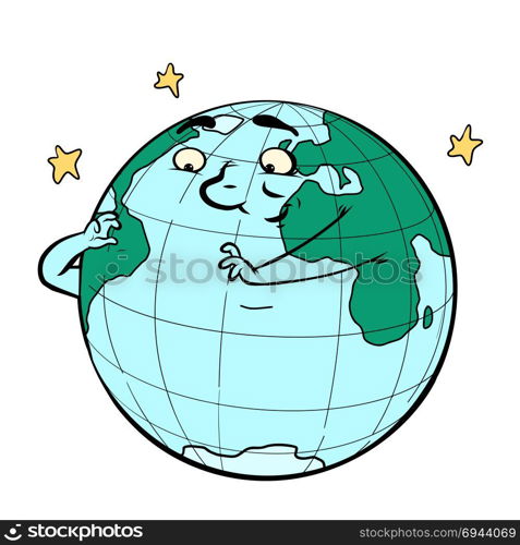 character planet earth thinks. ecology and environment. Comic book cartoon pop art retro drawing illustration. character planet earth thinks. ecology and environment