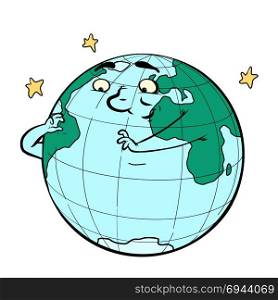 character planet earth thinks. ecology and environment. Comic book cartoon pop art retro drawing illustration. character planet earth thinks. ecology and environment