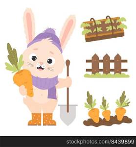 Character rabbit farmer with carrots. Farming set with cute bunny in rubber boots, hat and scarf with shovel. Greenhouse with seedlings, wooden fence and bed of earth with carrots. Vector illustration