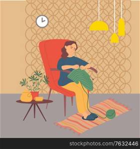 Character sitting at home knitting, lady in armchair mastering new clothes from threads. Interior with clock and lamps, pastime leisure of person. Vector illustration in flat cartoon style. Knitting Hobby of Woman at Home, Pastime Character