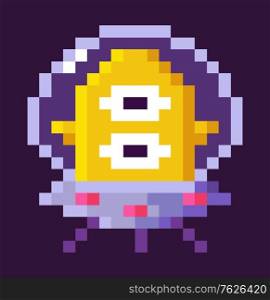 Character sitting in spaceship vector, alien floating in space, pixelated personage of 8 bit pixel game, ufo monster with prolonged head shape flat style, pixel cosmic monster for mobile app games. Pixel Space Game Alien in Spaceship Invader Vector