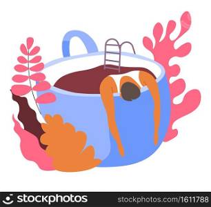 Character soaking in coffee pool in cup, aromatic beverage in morning giving energy for day. Man swimming in latte, mug with ladder and decorative foliage. Coffeehouse icon, vector in flat style. Personage swimming in cup of coffee in morning