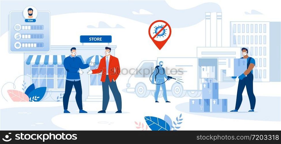 Character Store Work in Covid19 Outbreak Observation Condition. People in Face Mask Rubber Glove Handshaking Make Deal. Man in Protective Clothes Disinfecting Delivery Truck. Courier Carrying Parcel. Business Character Store Work in Covid19 Outbreak