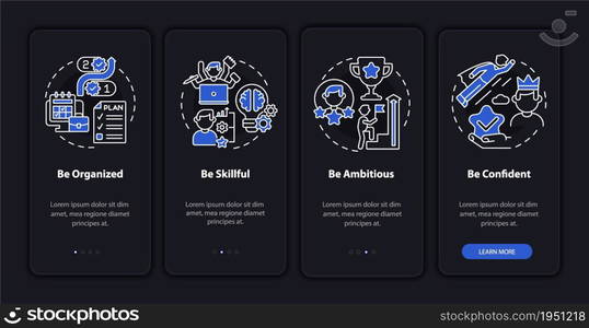 Character traits for career advancement onboarding mobile app page screen. Success walkthrough 4 steps graphic instructions with concepts. UI, UX, GUI vector template with night mode illustrations. Character traits for career advancement onboarding mobile app page screen