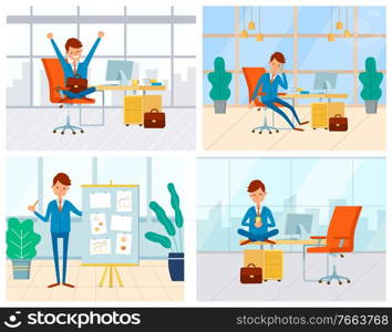 Character wearing formal clothes working in office vector, man stretching hands. Man showing presentation, coffee break of director of company flat style. Businessman in Office, Man Working in Room Vector