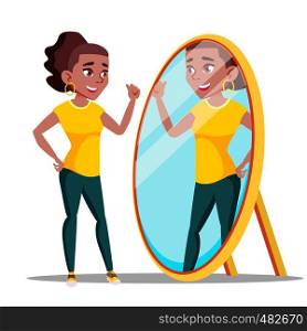 Character Woman Watch Mirror And Admires Vector. Narcissistic Girl Speaking With Reflection In Mirror, Self-confidence. Motivation Egotistical Concept. Isolated Flat Cartoon Illustration. Character Woman Watch Mirror And Admires Vector