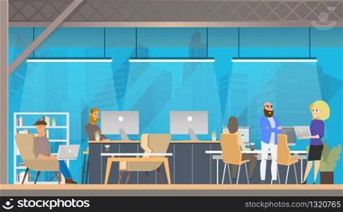 Character Work, Study in Modern Coworking Area. Smiling Young Freelancer Working by Laptop in Creative Open Space or Modern Shared Workplace. Studio for Coworker. Flat Cartoon Vector Illustration. Character Work, Study in Modern Coworking Area