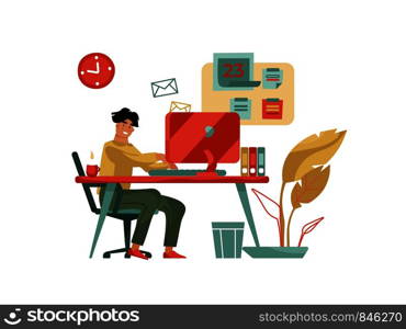 Character working at computer. Trendy modern scene with creative man professional with laptop at home or cafe. Vector cartoon happy young designer freelance. Character working at computer. Trendy modern scene with creative man with laptop at home or cafe. Vector cartoon happy designer