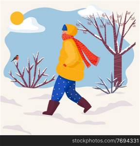 Character wrapped in warm clothes, woolen coat and knitted scarf and hat walking through winter park. Forest with snowy scenery, bushes and trees with bare branches and bullfinch on twig, vector. Person Wearing Warm Coat and Scarf Walking in Park