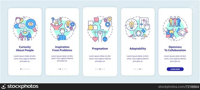 Characteristics of social entrepreneurship onboarding mobile app page screen. Walkthrough 5 steps graphic instructions with concepts. UI, UX, GUI vector template with linear color illustrations. Characteristics of social entrepreneurship onboarding mobile app page screen