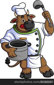 characters a big bull working as a professional chef with a big pan of illustration