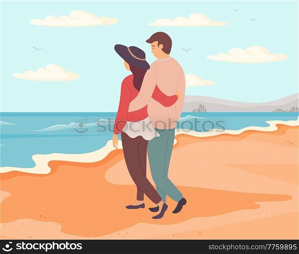 Characters are resting near ocean bank. People on date spending time together on beach. Young couple in relationship hug and stare at sea. Guy and girl communicate and relax on coastline in summer. Young couple in relationship hug and stare at sea. Cartoon characters are resting near ocean bank