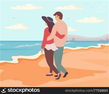 Characters are resting near ocean bank. People on date spending time together on beach. Young couple in relationship hug and stare at sea. Guy and girl communicate and relax on coastline in summer. Young couple in relationship hug and stare at sea. Cartoon characters are resting near ocean bank