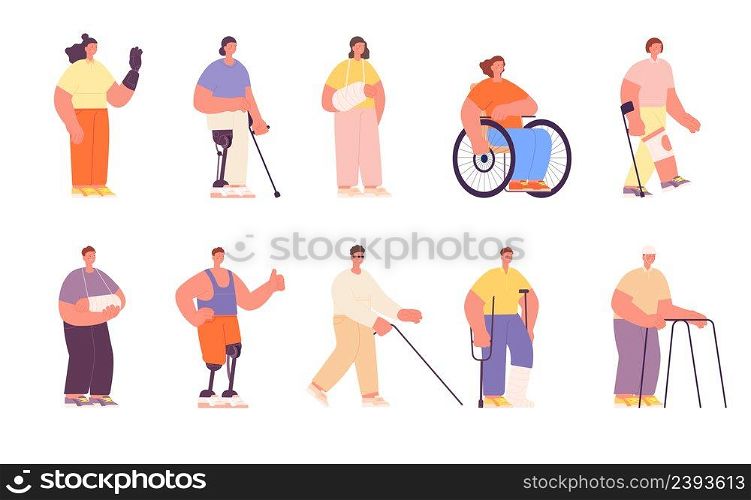 Characters bandaged girl boy. Worker on wheelchair, injurious people group. Inclusion and equal person utter vector set. Illustration of injury and handicapped characters. Characters bandaged girl boy. Worker on wheelchair, injurious people group. Inclusion and equal person utter vector set