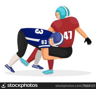 Characters behaving rough while playing in gridiron. Isolated american football players of different teams trying to win game. Male personage making obstacles for footballer. Vector in flat style. Brutal American Football Players, Gridiron Game