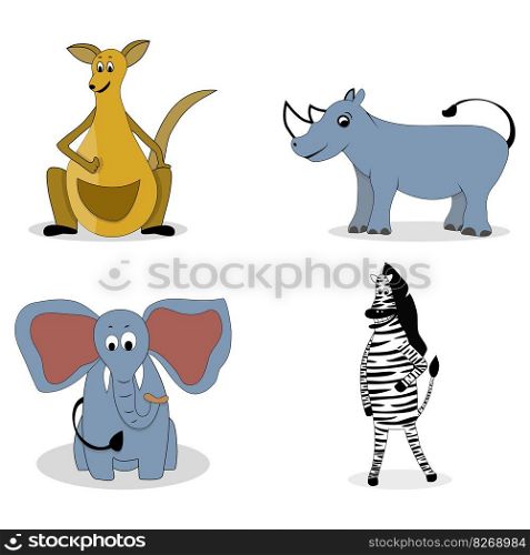 Characters carnivores vector. Kangaroos and rhino, zebra and elephant illustration. Characters carnivores vector