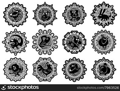 Characters Chinese zodiac signs in the snowflake. Black and white.Vector illustration