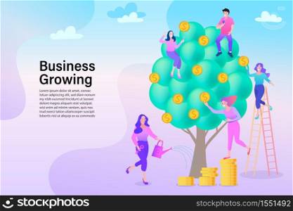 Characters Collecting Golden Coins from Money Tree. Business Woman Watering a Money Plant. Financial Pofit, Flat Cartoon Vector Illustration.
