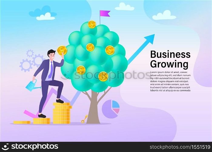 Characters Collecting Golden Coins from Money Tree. Businessman Watering a Money Plant. Financial Profit, Flat Cartoon Vector Illustration.