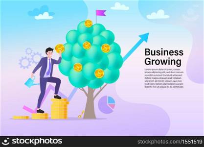 Characters Collecting Golden Coins from Money Tree. Businessman Watering a Money Plant. Financial Profit, Flat Cartoon Vector Illustration.